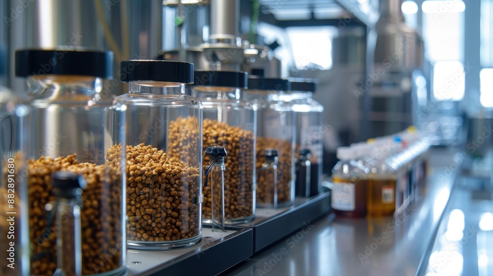 Malt being analyzed in a high-tech laboratory, with advanced equipment and sleek design, in a state-of-the-art brewery, emphasizing quality control. Malt being analyzed in a high-tech laboratory, with advanced equipment and sleek design, in a state-of-the-art brewery, emphasizing quality control.
