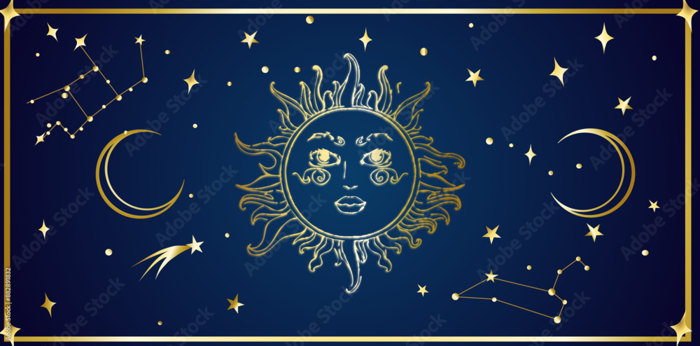 Celestial vector moon and sun banner. Editable mystic celestial golden frame with stars, crescents, moon. Celestial vector moon and sun banner. Editable mystic celestial golden frame with stars, crescents, moon.