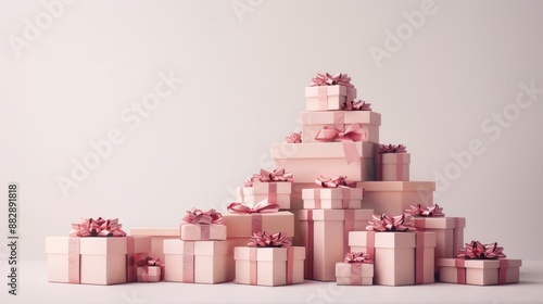 A pile of pink presents with pink bows in an elegant and minimalist setting.