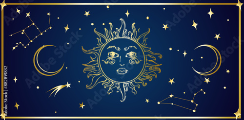Celestial vector moon and sun banner. Editable mystic celestial golden frame with stars, crescents, moon.