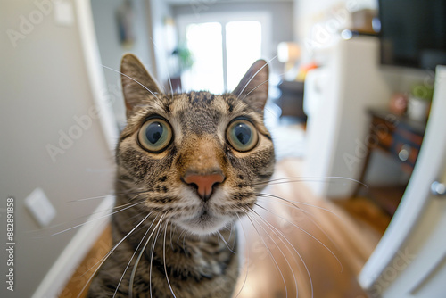 funny selfie portrait of a serious looking cat, fun meme kitty