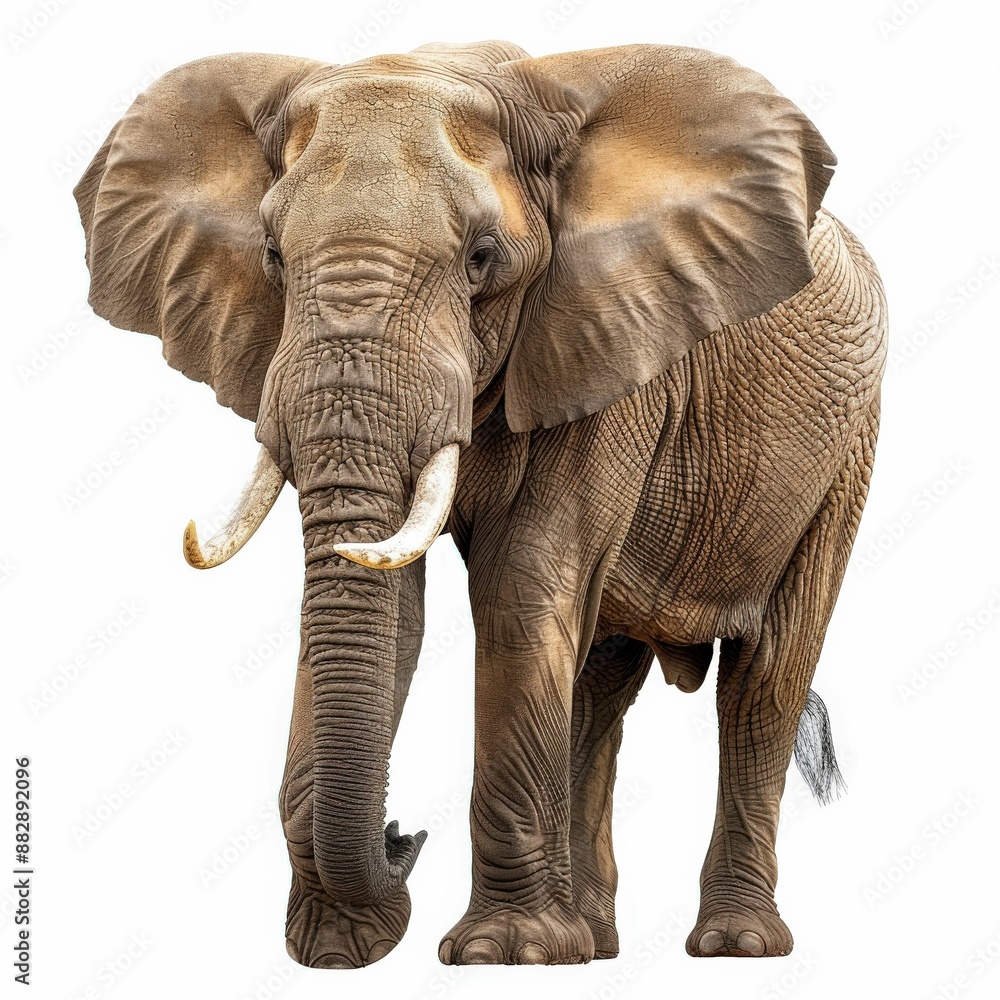 Obraz premium Majestic African Elephant Standing Tall with Tusks and Wrinkled Skin Isolated on White Background