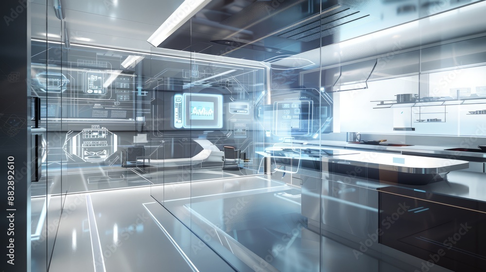 A futuristic kitchen with floor-to-ceiling smart glass walls, an interactive cooking station, and sleek, touch-screen appliances. A futuristic kitchen with floor-to-ceiling smart glass walls, an interactive cooking station, and sleek, touch-screen appliances.
