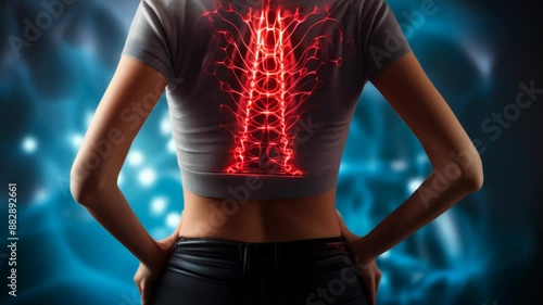 Woman Suffering Chronic Lower Back Pain, Highlighted Lumbar Spine, Healthcare Concept, Medical Diagnosis, Night Setting, Casual Outfit, Pain Relief, Modern Health Issue Illustration photo