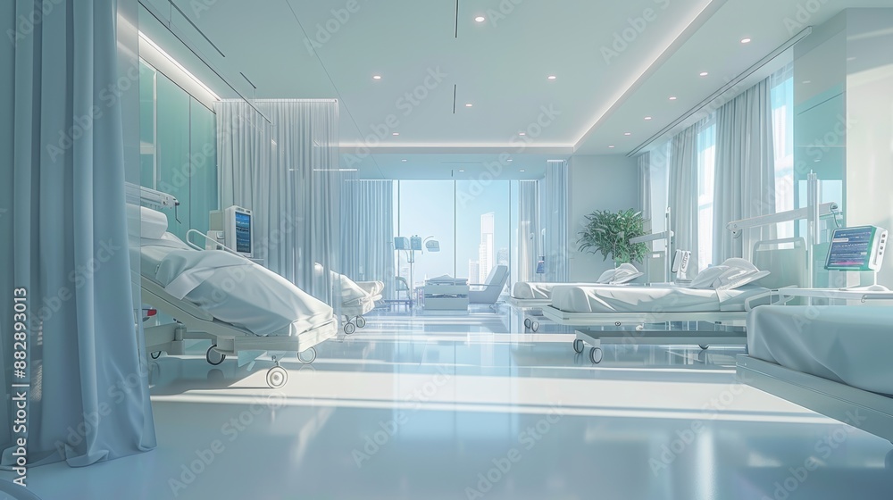 A modern hospital room with medical equipment and beds, rendered in light blue tones A modern hospital room with medical equipment and beds, rendered in light blue tones