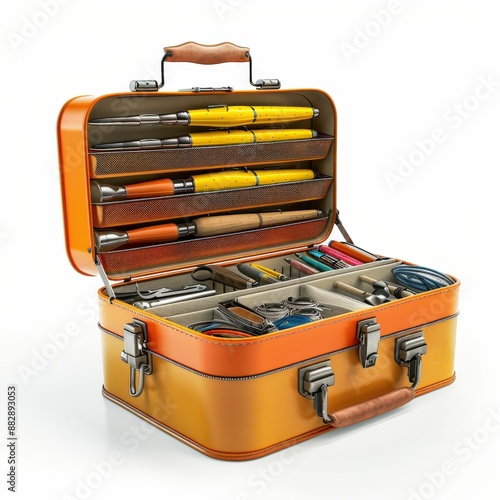 Vintage Orange Toolbox with Assorted Tools and Fishing Gear on White Background