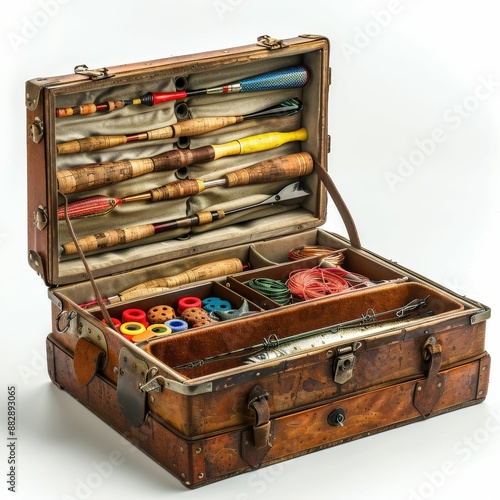 Vintage Fishing Tackle Box with Assorted Fishing Rods, Reels, and Accessories on White Background