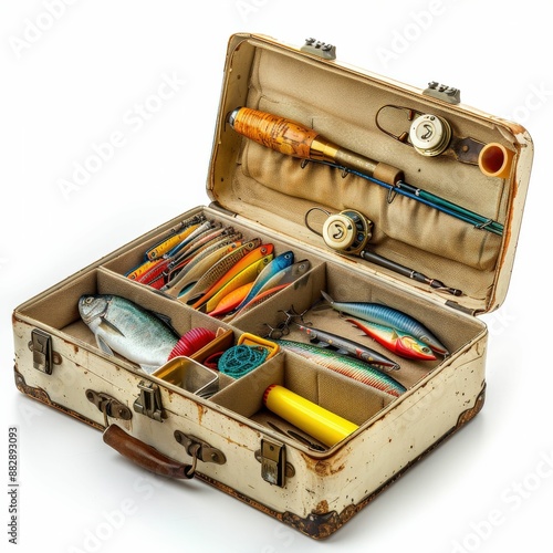 Vintage Fishing Tackle Box with Assorted Lures, Rods, and Reels - Perfect for Anglers and Fishing Enthusiasts