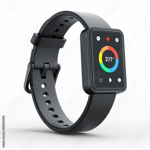 Modern Black Smartwatch with Colorful Display on White Background, Fitness Tracker, Wearable Technology