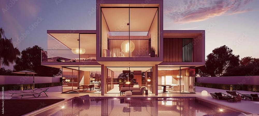 Exterior view of a modern house with a swimming pool at dusk Exterior view of a modern house with a swimming pool at dusk