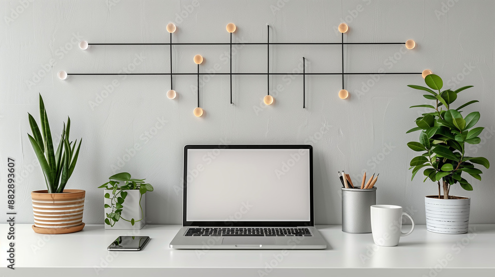 Fototapeta premium Modern Minimalist Workspace with Laptop and Plants, Bright Natural Light, Office Decor with Copy Space