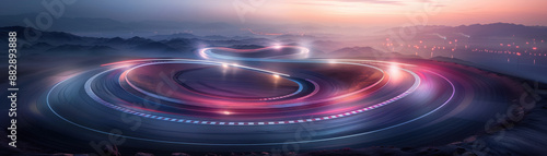 A large  circular racetrack with a bright neon glow