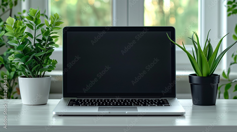 Modern Minimalist Workspace with Laptop and Plants, Bright Natural Light, Office Decor with Copy Space Modern Minimalist Workspace with Laptop and Plants, Bright Natural Light, Office Decor with Copy Space