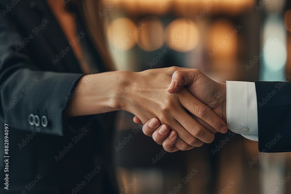 Businesswoman confidently shaking hands with a client, sealing a successful partnership deal. Businesswoman confidently shaking hands with a client, sealing a successful partnership deal.