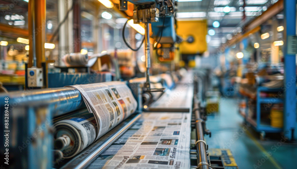 A newspaper is printed on a conveyor belt in a factory production line, moving efficiently A newspaper is printed on a conveyor belt in a factory production line, moving efficiently