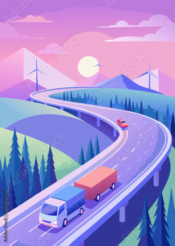 road in the city Aerial top view of car and truck driving on highway road in green forest. Sustainable transport. Drone view of hydrogen energy truck driving on asphalt road