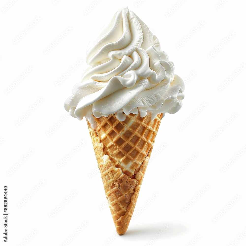 Delicious Vanilla Soft Serve Ice Cream Cone with Crispy Waffle Cone on White Background Delicious Vanilla Soft Serve Ice Cream Cone with Crispy Waffle Cone on White Background