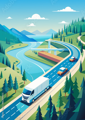 road in the city Aerial top view of car and truck driving on highway road in green forest. Sustainable transport. Drone view of hydrogen energy truck driving on asphalt road