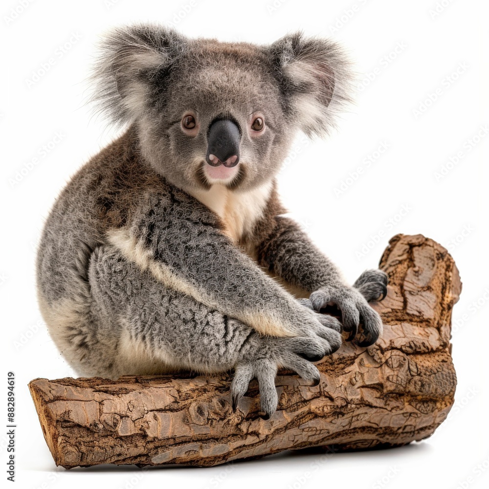 Obraz premium Adorable Koala Sitting on a Tree Branch with White Background - Close-Up Wildlife Photography
