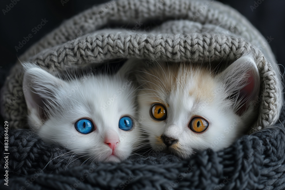 two beautiful kittens, with diferent color vivid eyes, coming out of a comfortable dark grey woollen hat. two beautiful kittens, with diferent color vivid eyes, coming out of a comfortable dark grey woollen hat.