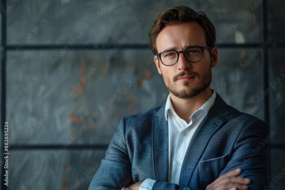Confident businessman making a decisive presentation, impressing clients with his professionalism and expertise. Confident businessman making a decisive presentation, impressing clients with his professionalism and expertise.