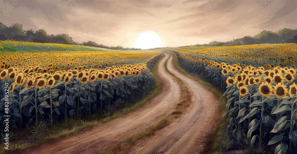 Naklejka premium A stunning photograph of a vast field of sunflowers under a breathtaking sunset, with a dirt path leading through the vibrant yellow flowers and stretching towards the horizon. 