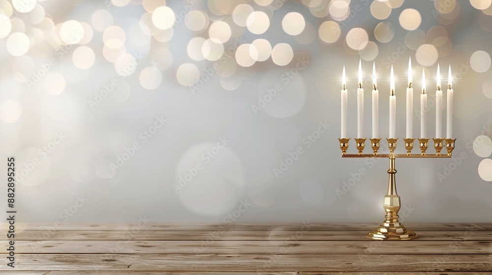A golden menorah with seven lit candles sits on a wooden table against a blurred background of bokeh lights A golden menorah with seven lit candles sits on a wooden table against a blurred background of bokeh lights