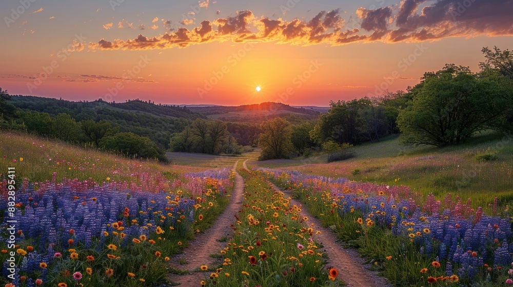 Obraz premium Sunrise Over a Flowery Path