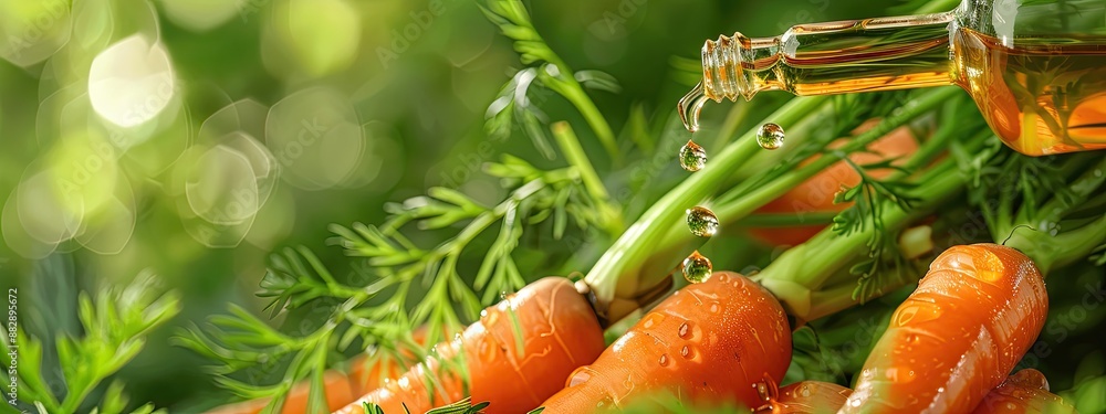 a drop of carrot essential oil. Selective focus a drop of carrot essential oil. Selective focus