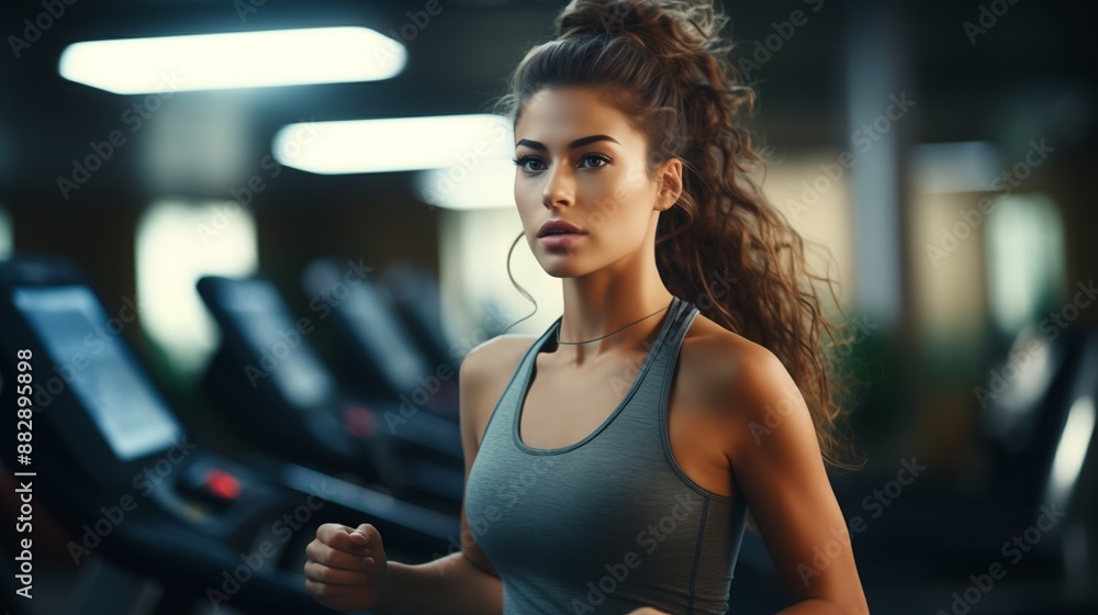 Obraz premium Portrait of beautiful woman working out at gym, running on treadmill and doing fitness exercises. healthy concept