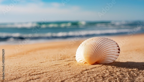 Close-up of a seashell on a sandy beach