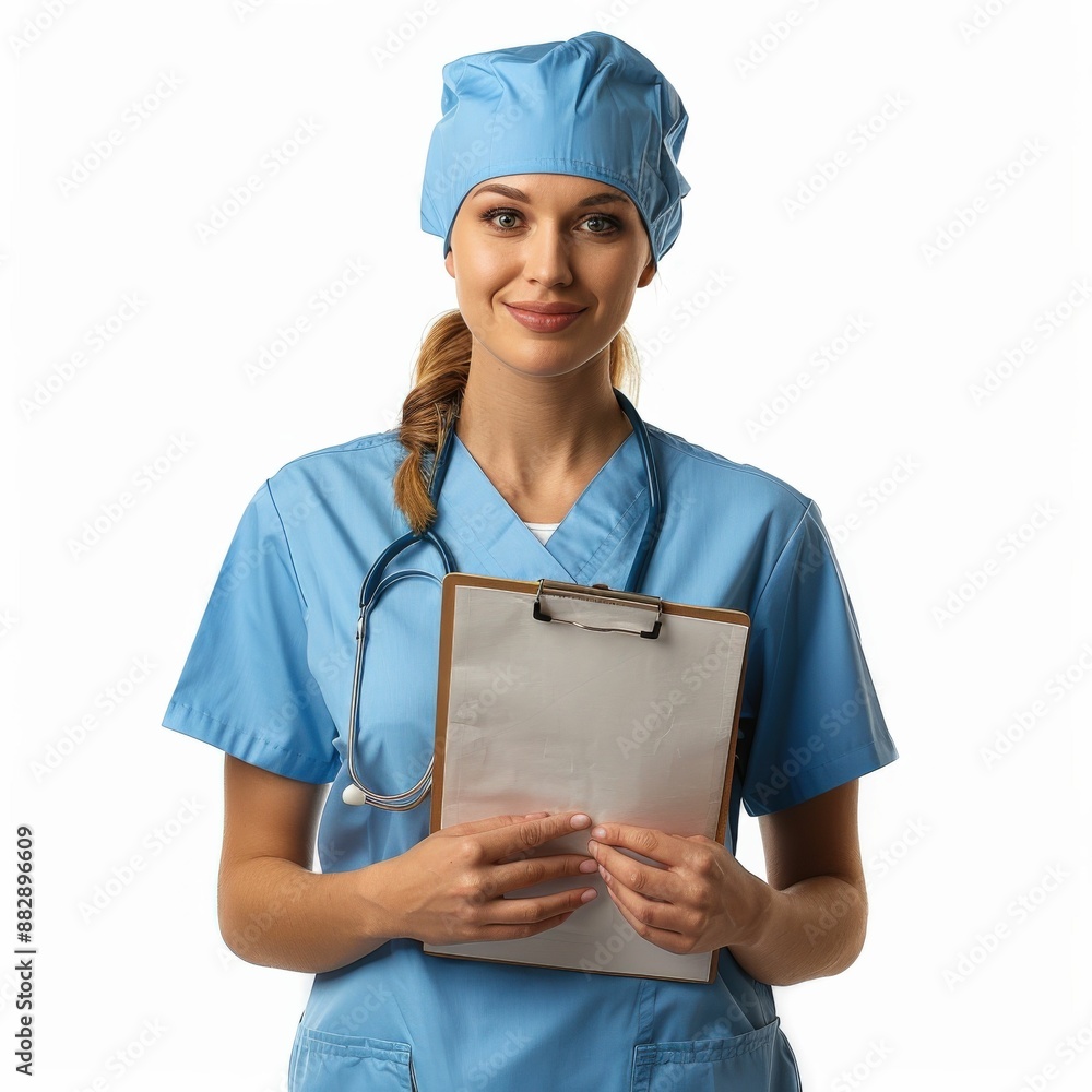 Smiling Female Nurse in Blue Scrubs Holding Clipboard on White Background Smiling Female Nurse in Blue Scrubs Holding Clipboard on White Background