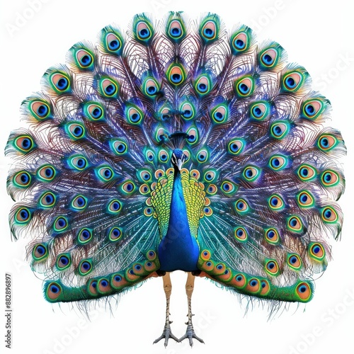 Majestic Peacock Displaying Vibrant Feathers in Full Plumage Against White Background photo