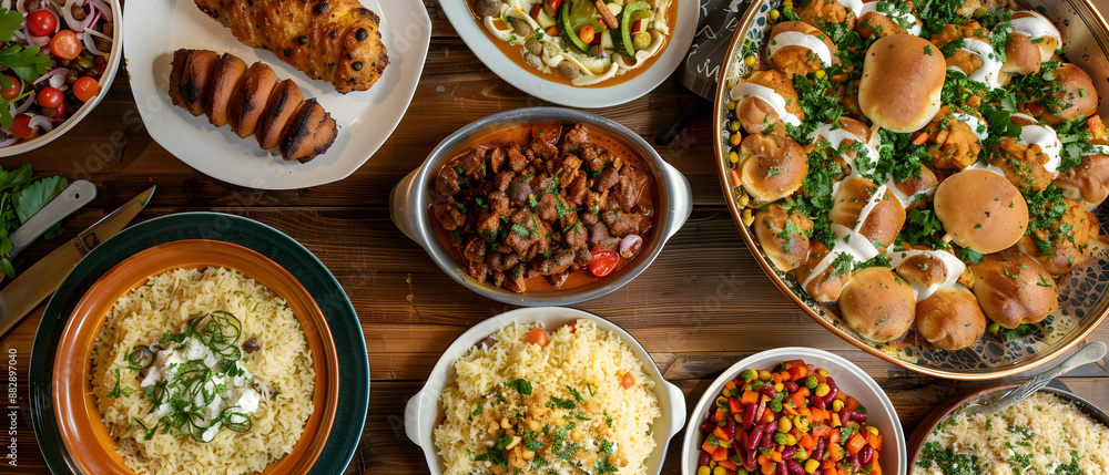 A diverse group of people enjoying a potluck dinner with various cultural dishes on display. A diverse group of people enjoying a potluck dinner with various cultural dishes on display.