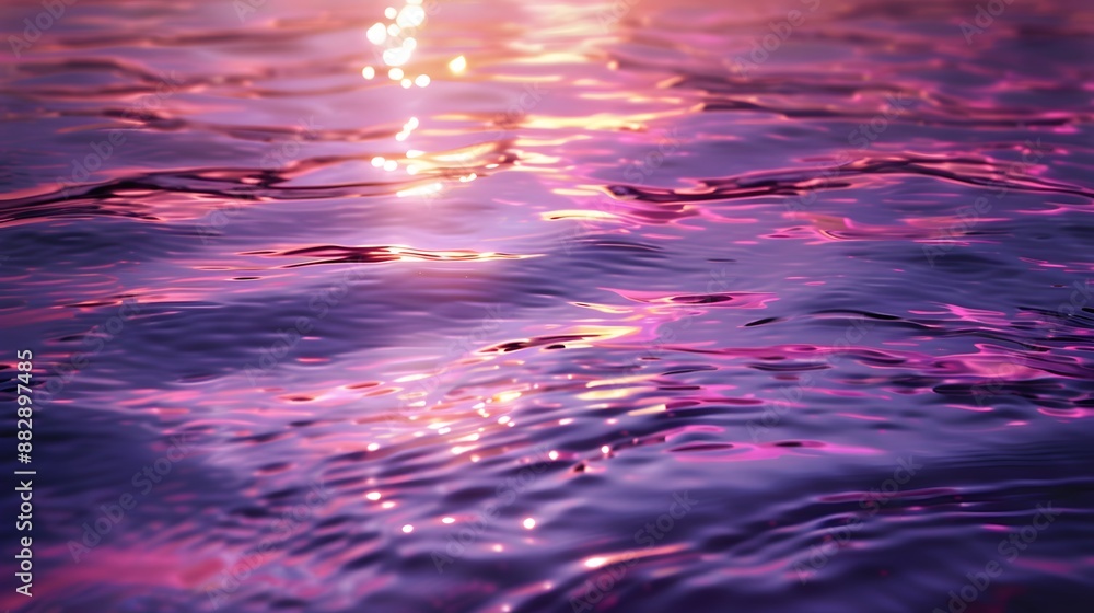 A tranquil scene featuring ripples on a surface of water, bathed in tones of surreal purple and pink hues reflecting an unseen light source. 