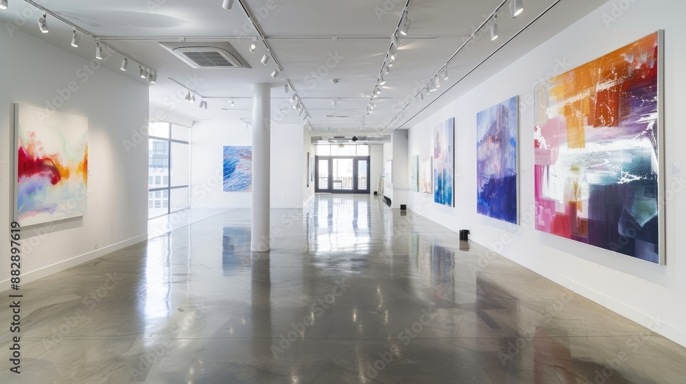 A modern art gallery with floor-to-ceiling white walls, polished concrete floors, and abstract artworks displayed tastefully. A modern art gallery with floor-to-ceiling white walls, polished concrete floors, and abstract artworks displayed tastefully.
