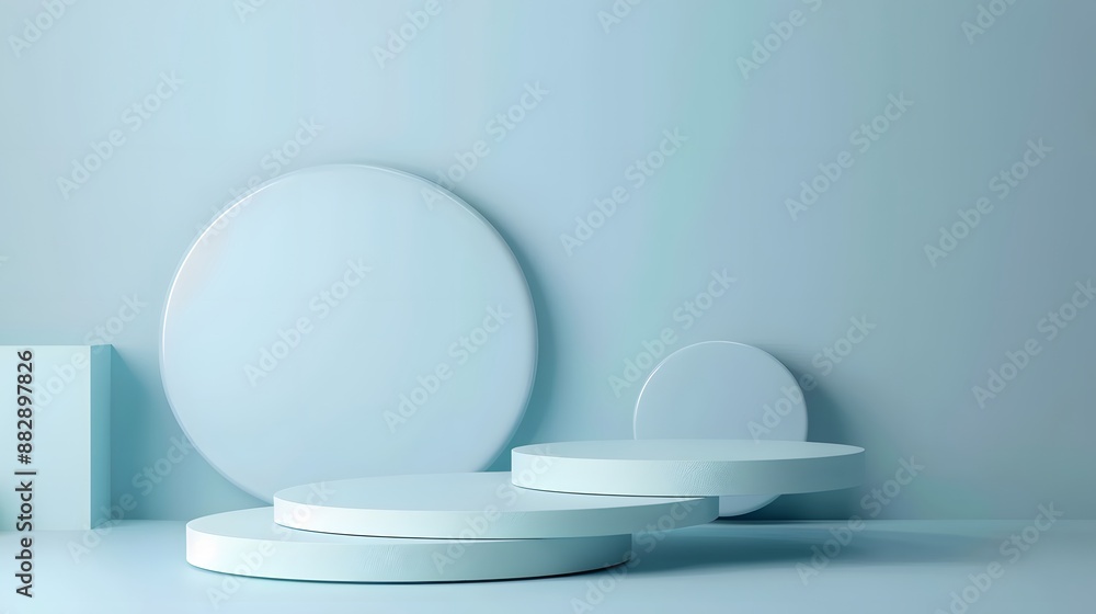 podium mockup for products in a light blue room. The podiums have different sizes and are stacked on top of each other. This room has a modern and minimalist feel podium mockup for products in a light blue room. The podiums have different sizes and are stacked on top of each other. This room has a modern and minimalist feel