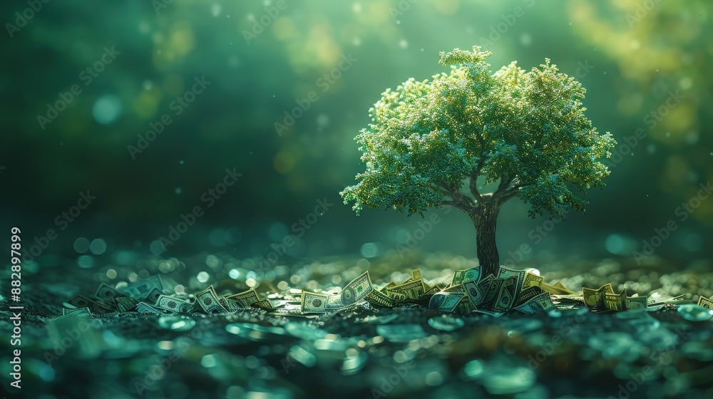 Cute Cartoon of an investment tree with dollar bills as leaves, on a bright background. Extreme close-up. Cute Cartoon of an investment tree with dollar bills as leaves, on a bright background. Extreme close-up.