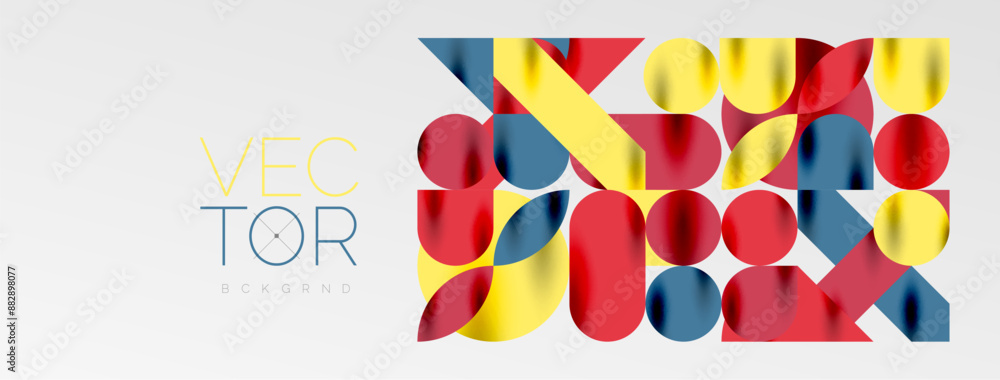 Mosaic geometric elements. Colorful circles, round geometric shapes and lines with shadow 3d effects. Simple forms abstract background for wallpaper, banner, template or landing Mosaic geometric elements. Colorful circles, round geometric shapes and lines with shadow 3d effects. Simple forms abstract background for wallpaper, banner, template or landing