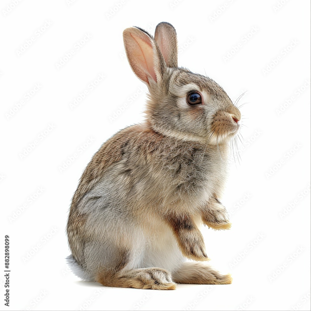 Obraz premium Adorable Baby Rabbit Sitting Upright on White Background - Cute and Fluffy Bunny