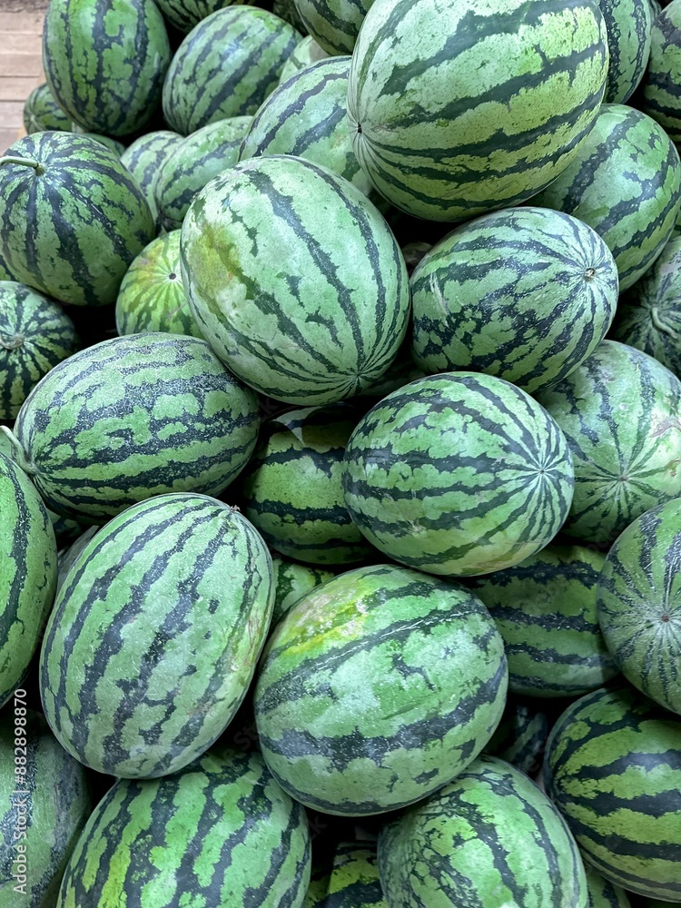 Fresh organic watermelons close-up, top view. There are a lot of whole watermelons in the market window. Fresh organic watermelons close-up, top view. There are a lot of whole watermelons in the market window.