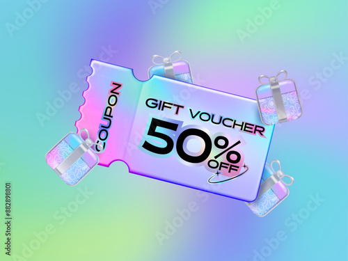 Sale Voucher coupon for business promotion sales and Discount online shopping. Tag label, Promotion banner 3d rendering with gradient pastel colorful gift box