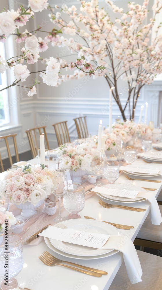 Obraz premium A beautifully set table with white linens, gold cutlery, and pink floral centerpieces. The table is decorated with a delicate cherry blossom branch.