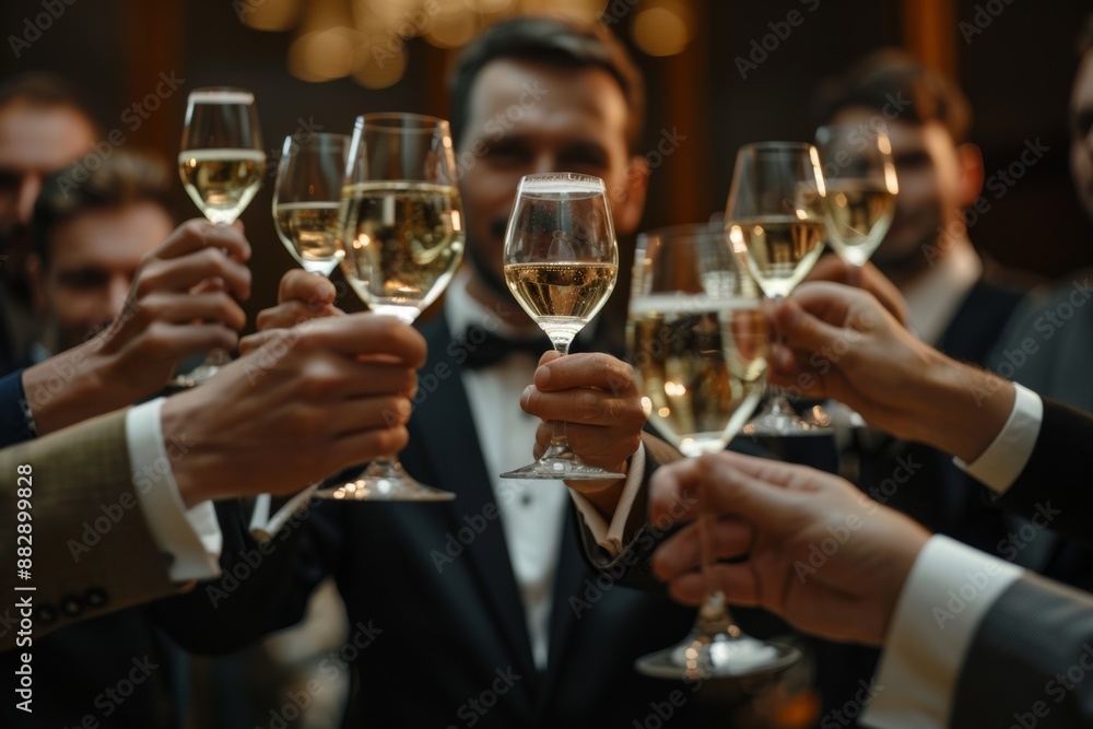Successful businessman raising a toast in celebration of achievements, surrounded by peers and partners. Successful businessman raising a toast in celebration of achievements, surrounded by peers and partners.