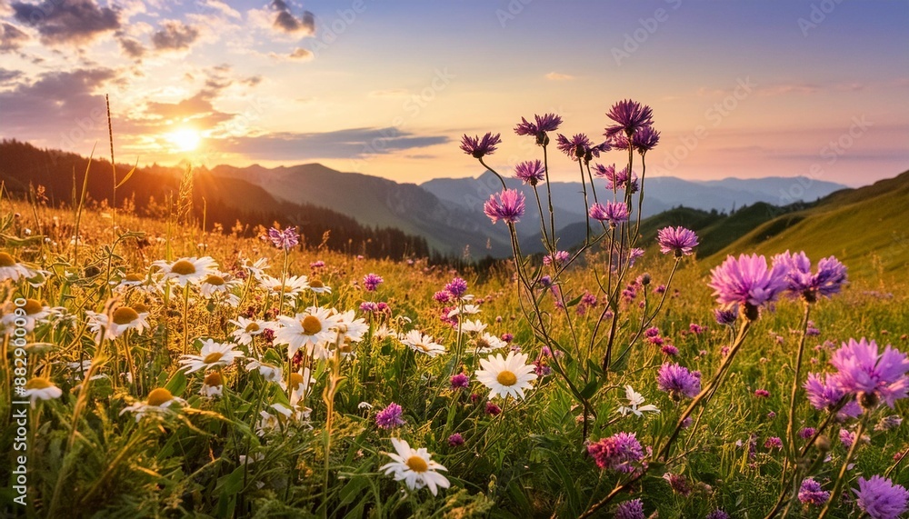 Fototapeta premium Wildflowers blooming in a meadow at sunset