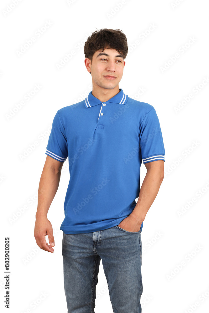 Youth man wearing blank collared t-shirt on white background, closeup. Blue color polo tshirt. Mockup for design tee, polo t-shirt mockup, isolated background. Youth man wearing blank collared t-shirt on white background, closeup. Blue color polo tshirt. Mockup for design tee, polo t-shirt mockup, isolated background.