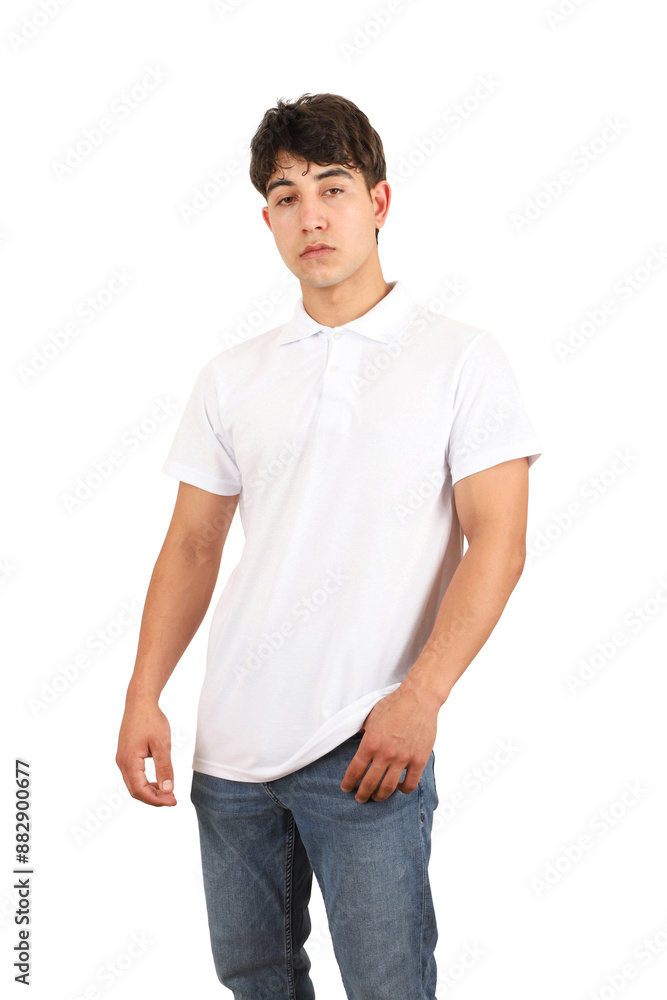 Youth man wearing blank collared t-shirt on white background, closeup. White color polo tshirt. Mockup for design tee, polo t-shirt mockup, isolated background. Youth man wearing blank collared t-shirt on white background, closeup. White color polo tshirt. Mockup for design tee, polo t-shirt mockup, isolated background.