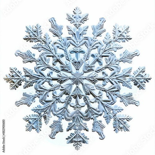 Intricate Snowflake Close-Up on White Background Highlighting Detailed Frost Patterns and Symmetry