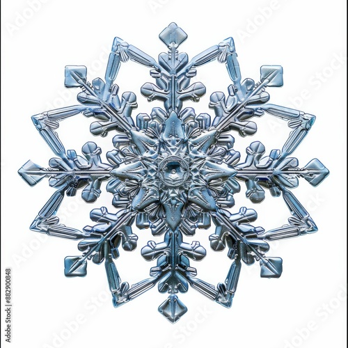 Close-Up of Intricate Snowflake on White Background Showcasing Detailed Symmetry and Frosty Patterns