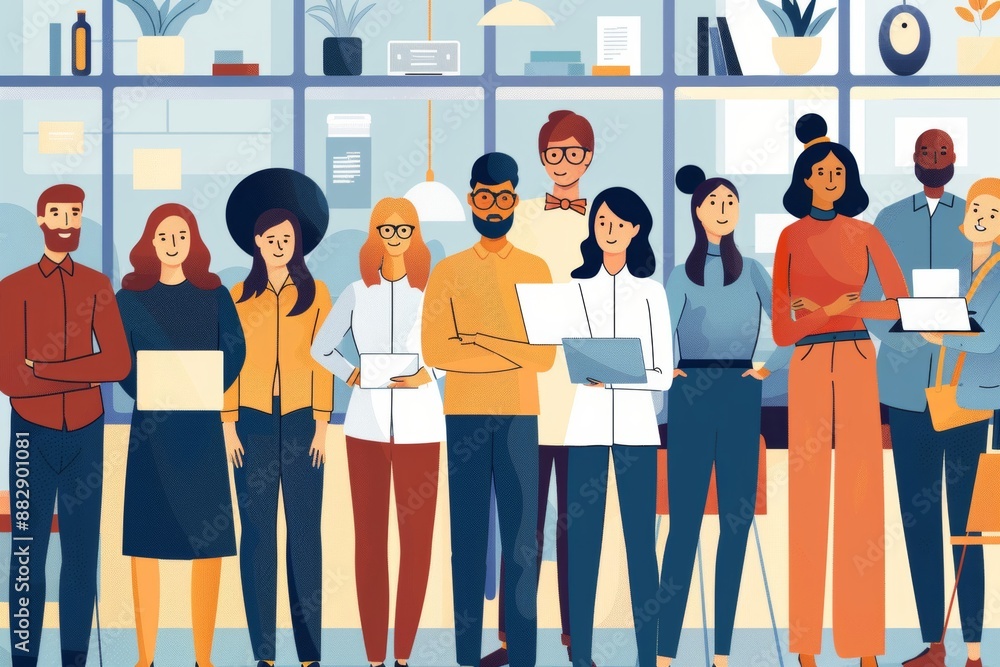 illustration, employees from diverse cultures seamlessly integrate and collaborate in a workplace setting, emphasizing teamwork and cultural diversity. illustration, employees from diverse cultures seamlessly integrate and collaborate in a workplace setting, emphasizing teamwork and cultural diversity.
